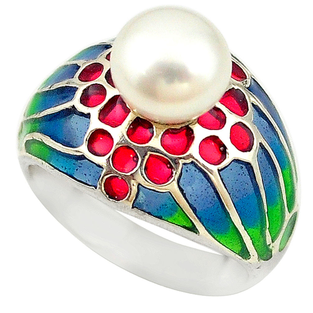 Natural white pearl enamel 925 sterling silver ring jewelry size 5.5 c16966
