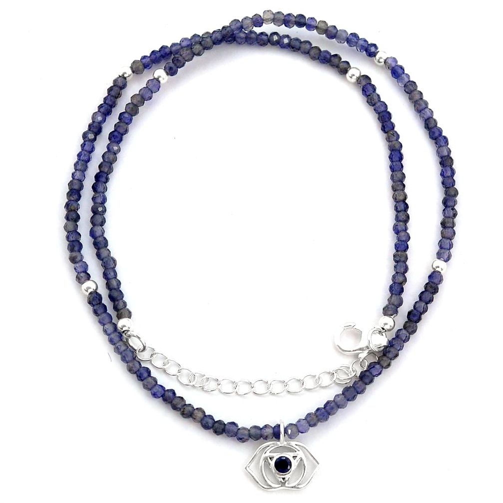 25.00cts natural iolite third eye chakra 925 sterling silver beads necklace
