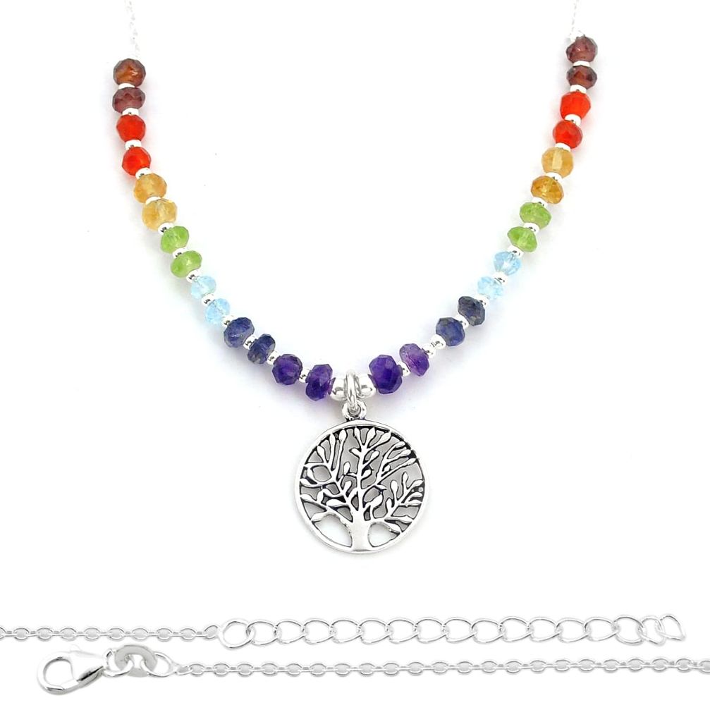 13.00cts natural tree of life multi gemstone 925 sterling silver beads necklace