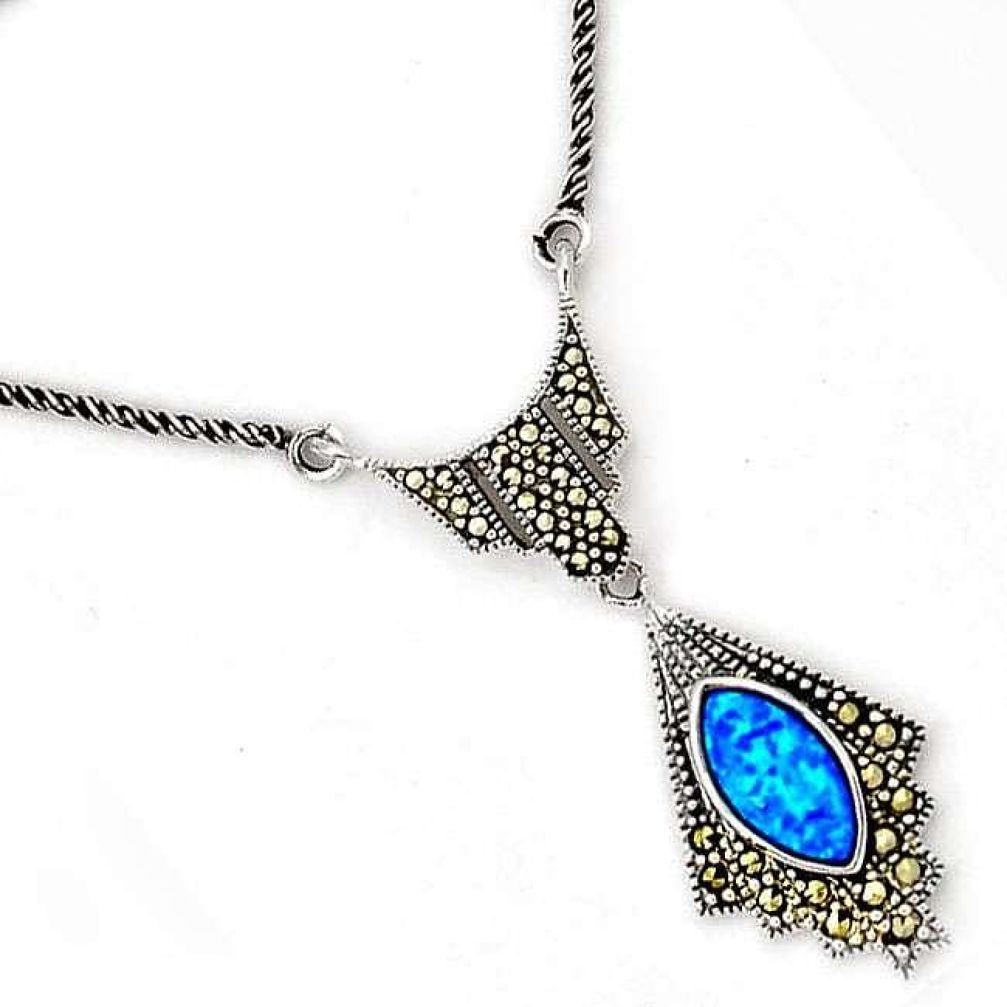 925 SILVER NATURAL BLUE AUSTRALIAN OPAL MARCASITE CHAIN NECKLACE JEWELRY H20985