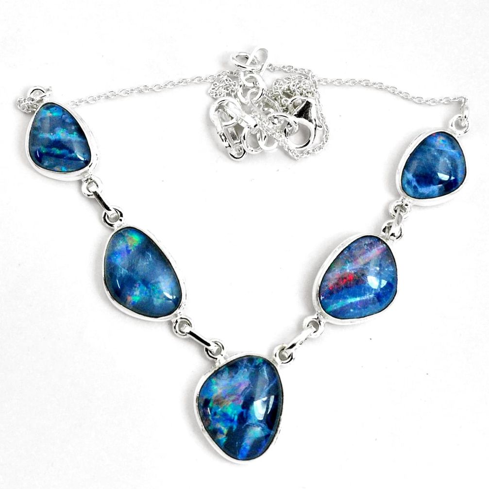 925 silver 43.27cts natural blue australian opal triplet fancy necklace p69658