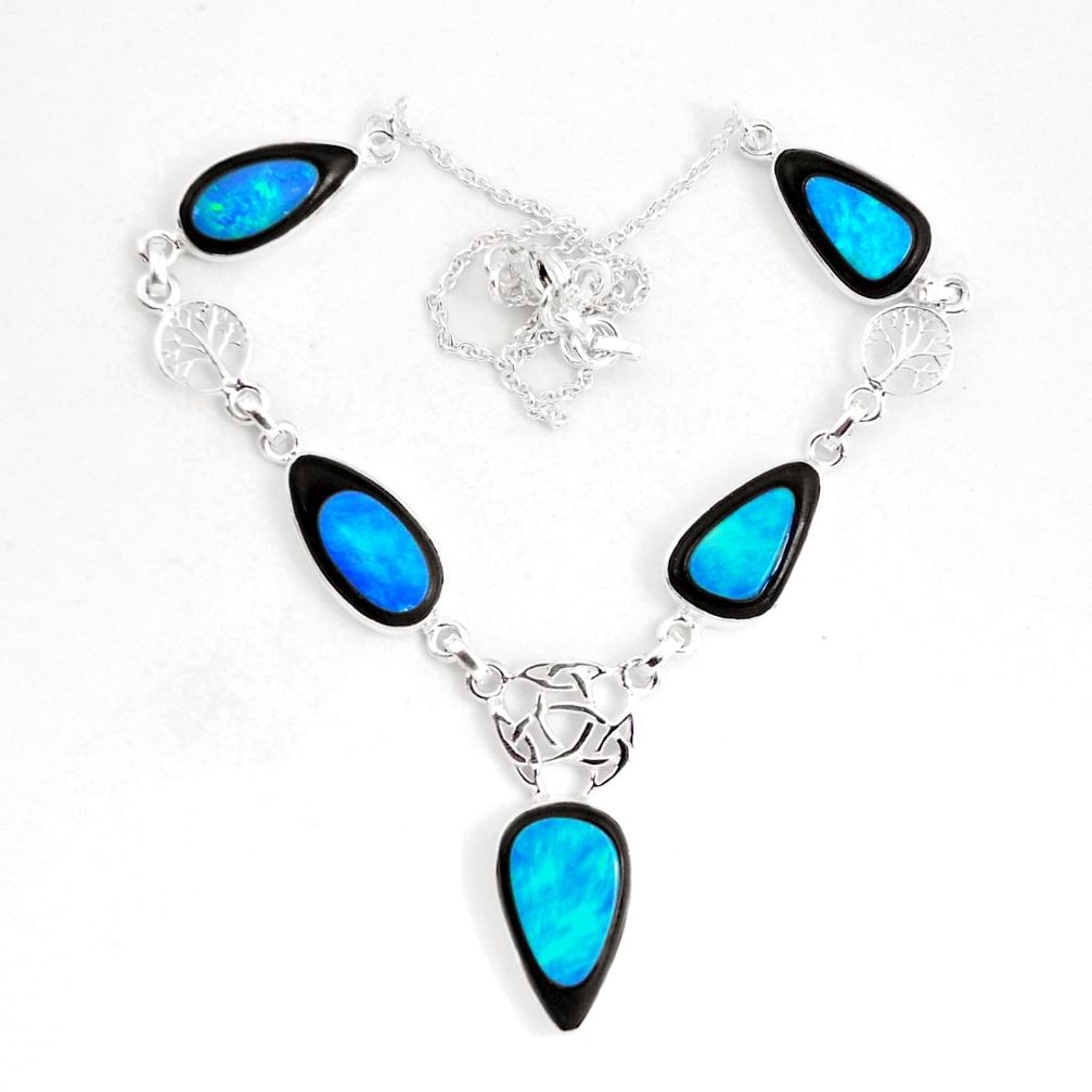 925 silver 45.06cts natural blue doublet opal in onyx pear necklace p53854