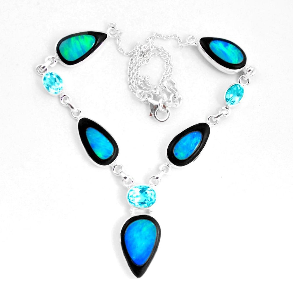 925 silver 53.42cts natural blue doublet opal in onyx topaz necklace p53858