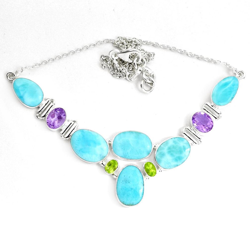 925 silver 57.28cts natural blue larimar amethyst peridot necklace p38409