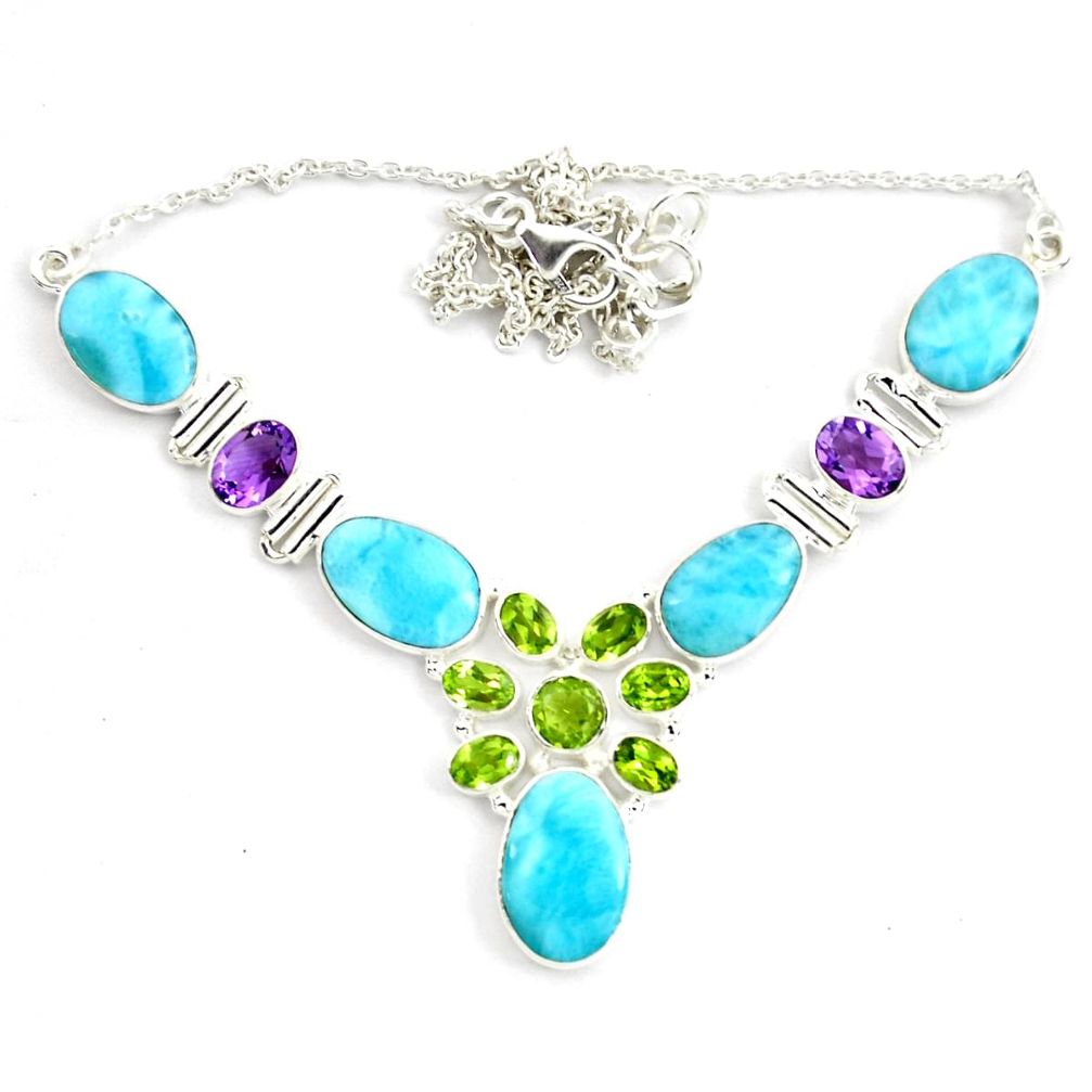 925 silver 48.90cts natural blue larimar amethyst peridot necklace p70773