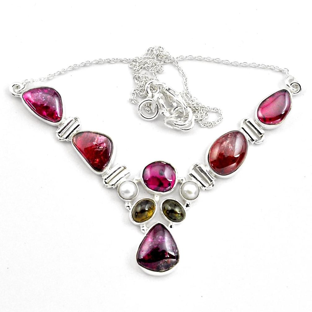 925 silver 41.15cts natural multi color tourmaline pearl necklace jewelry p81487