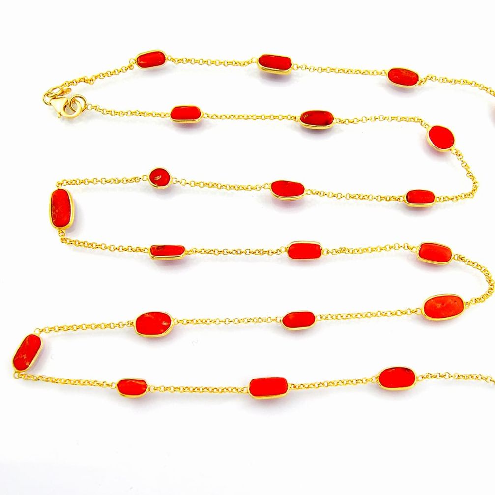 925 silver 36.46cts red coral 14k gold 35inch chain necklace jewelry p91655