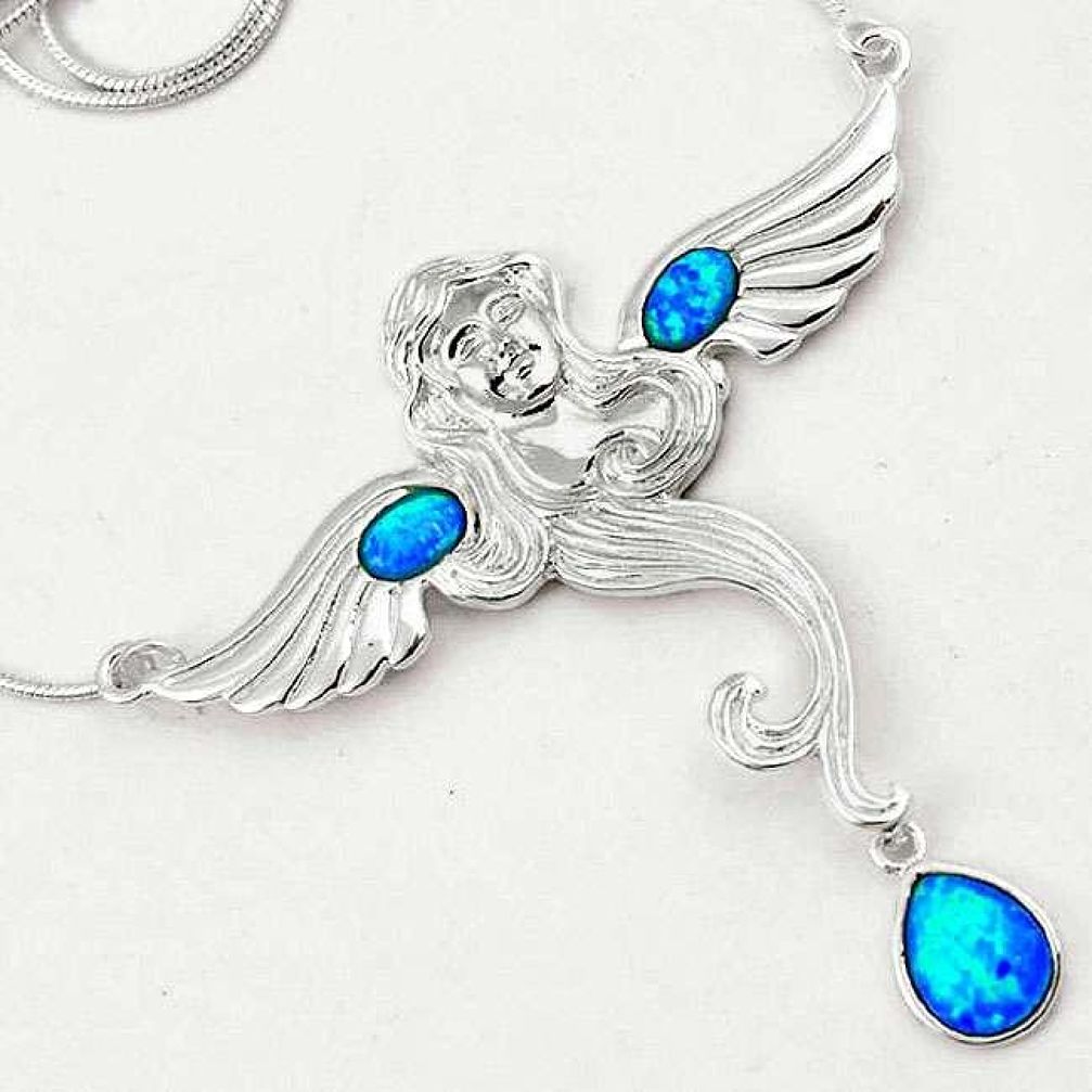 925 STERLING ELEGANT ANGLE WINGS AUSTRALIAN OPAL SILVER CHAIN NECKLACE H20999