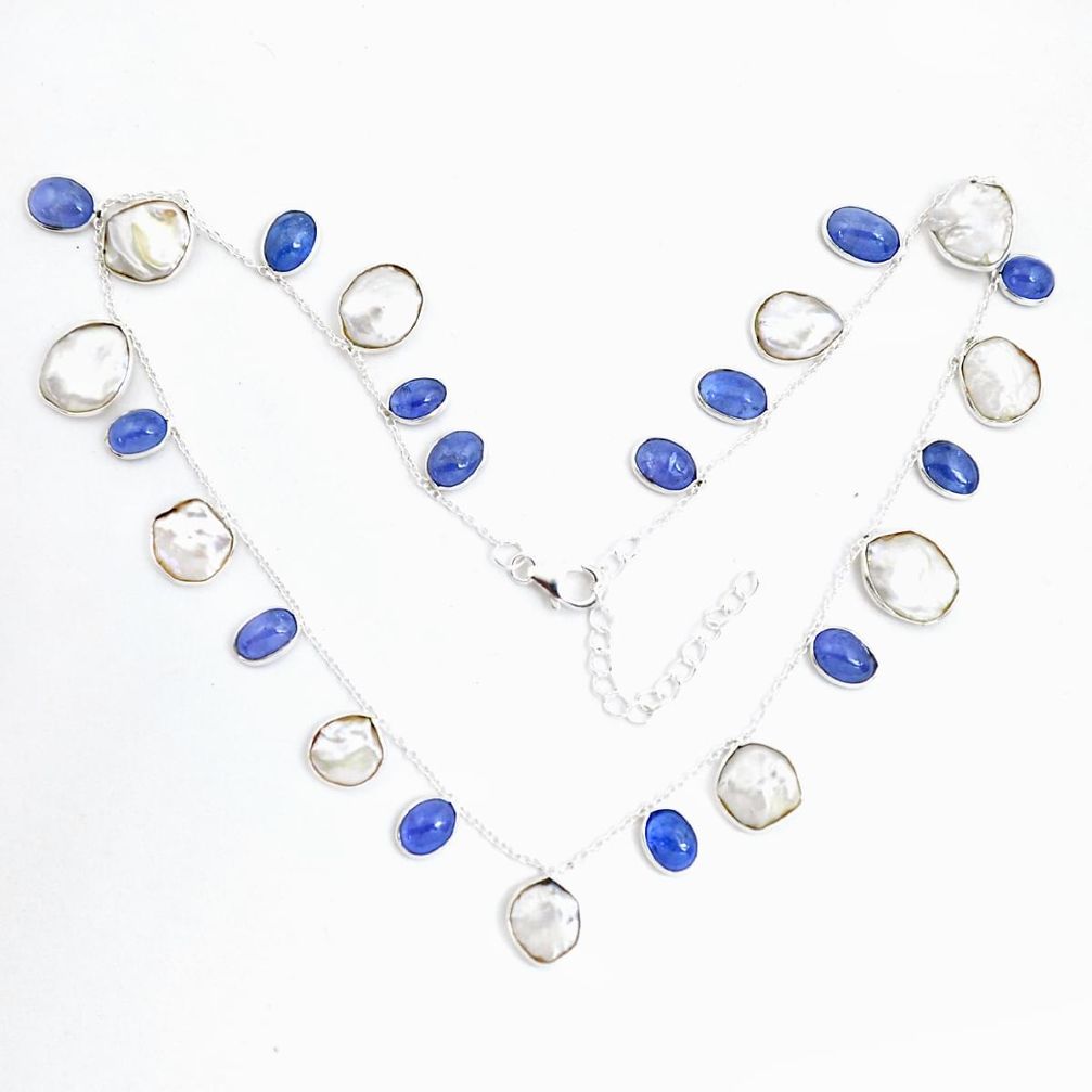 925 sterling silver 41.35cts natural white pearl blue tanzanite necklace p43408