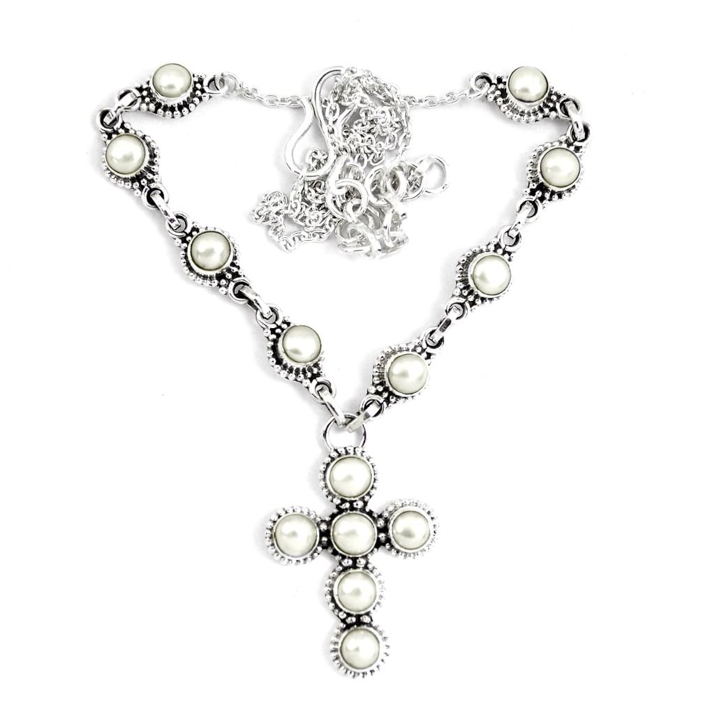 925 sterling silver 14.12cts natural white pearl cross necklace jewelry p48224