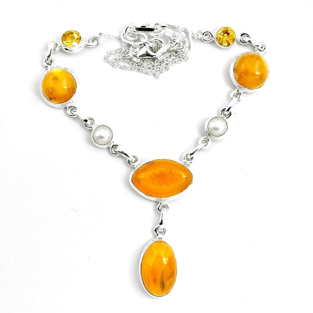 925 sterling silver 31.46cts natural yellow amber bone citrine necklace p69692