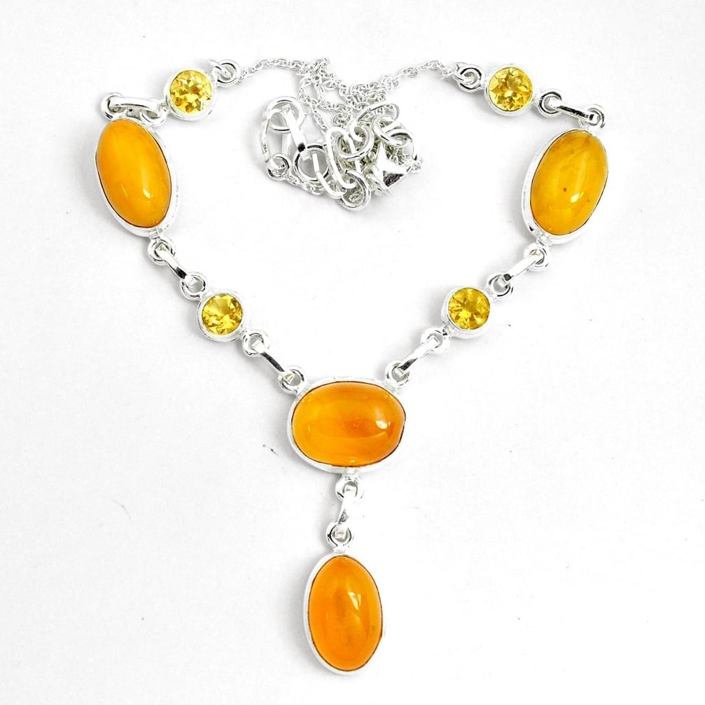 925 sterling silver 31.46cts natural yellow amber bone citrine necklace p69696