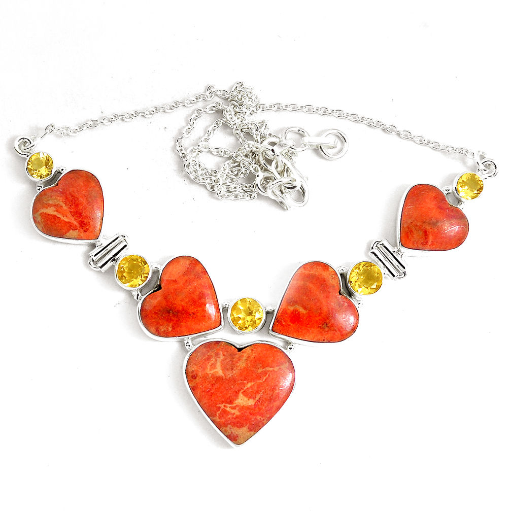 925 sterling silver 61.05cts red copper turquoise yellow citrine necklace p47439