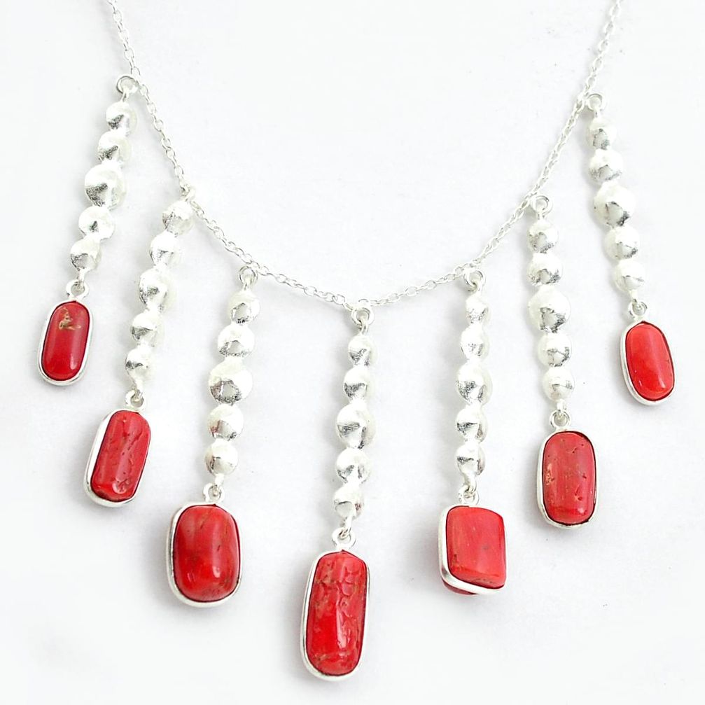 925 sterling silver 21.48cts red coral fancy shape necklace jewelry p43311