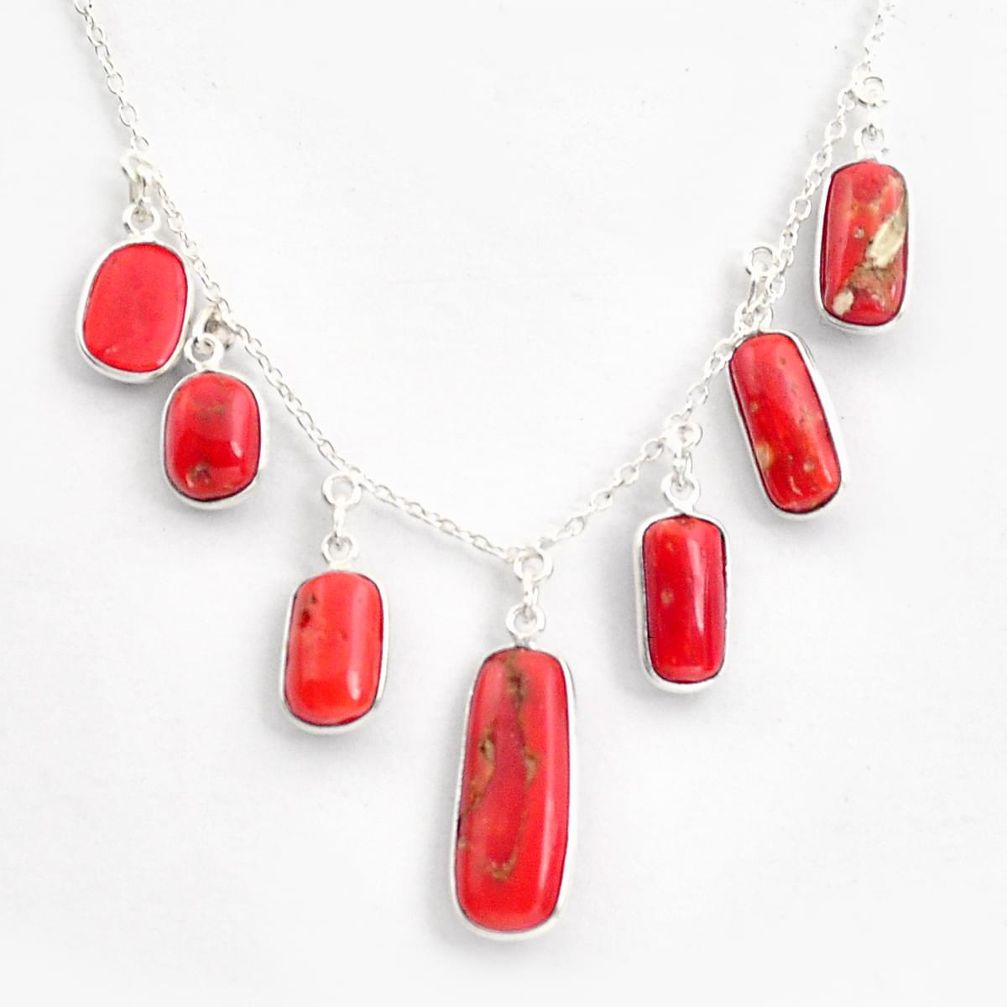 925 sterling silver 18.25cts red coral fancy shape necklace jewelry p43347