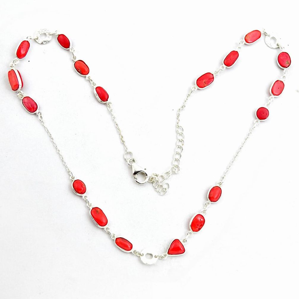 925 sterling silver 19.72cts red coral fancy shape necklace jewelry p43391