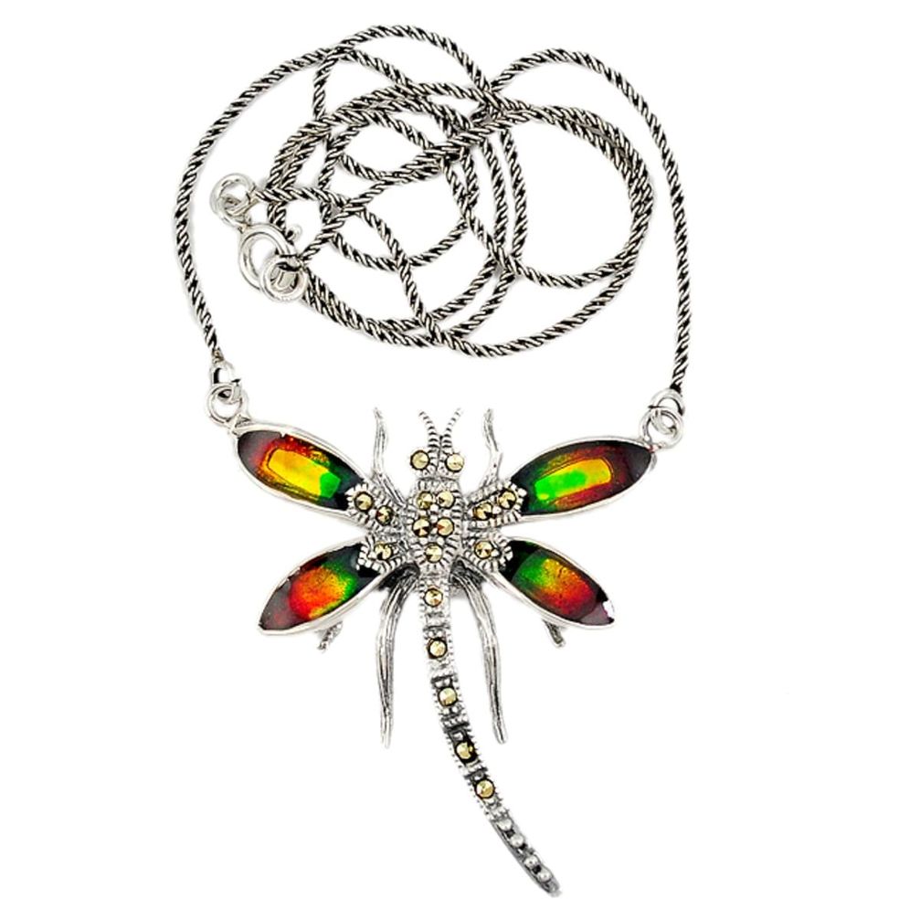 Swiss marcasite multi color enamel 925 sterling silver dragonfly necklace a19431