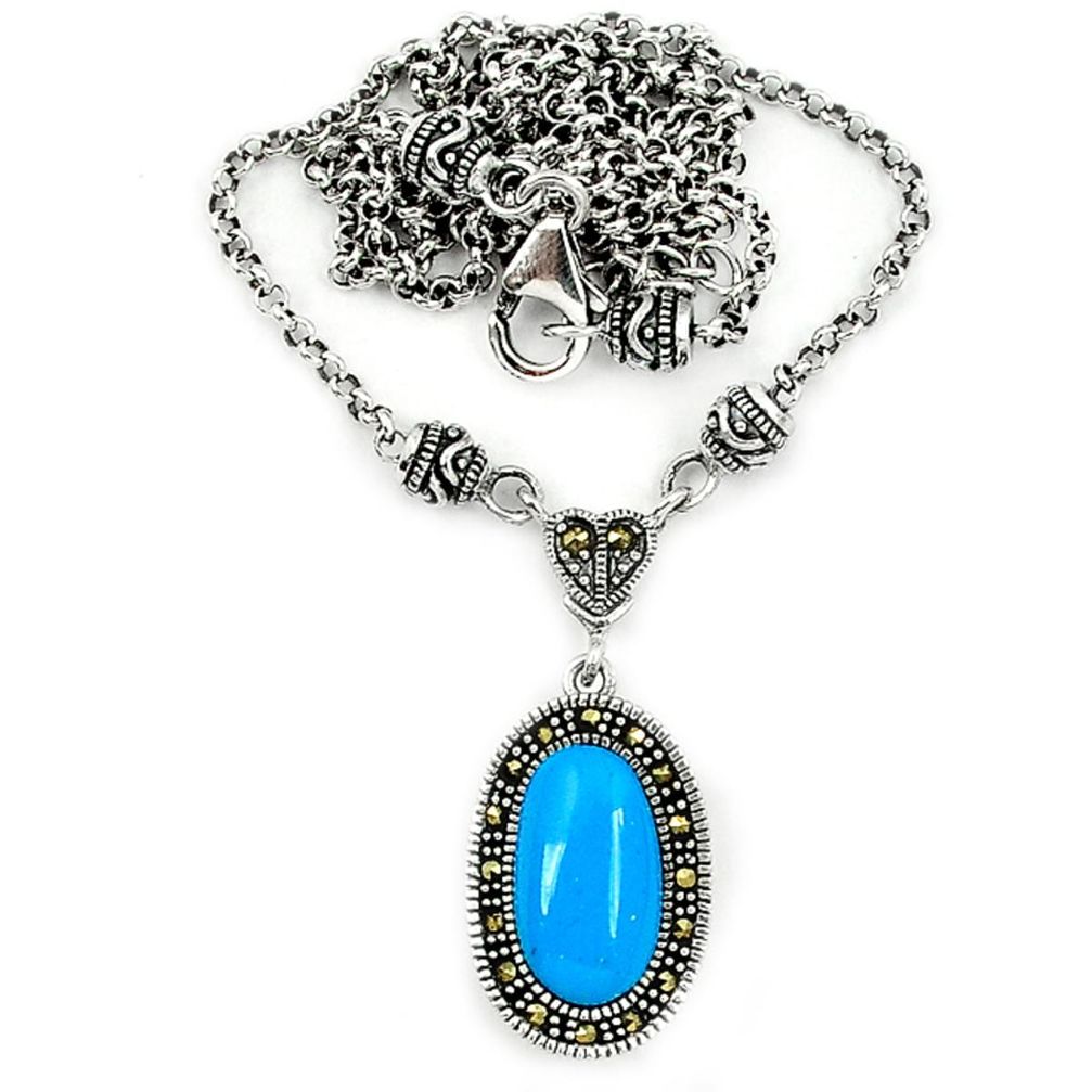 Blue sleeping beauty turquoise marcasite 925 silver necklace jewelry a64894