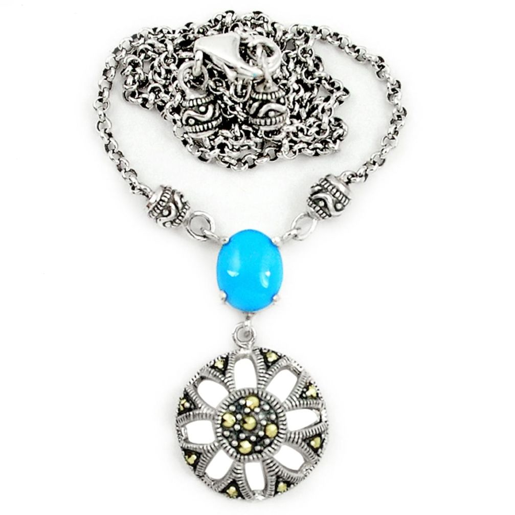 Blue sleeping beauty turquoise marcasite 925 silver necklace a64908