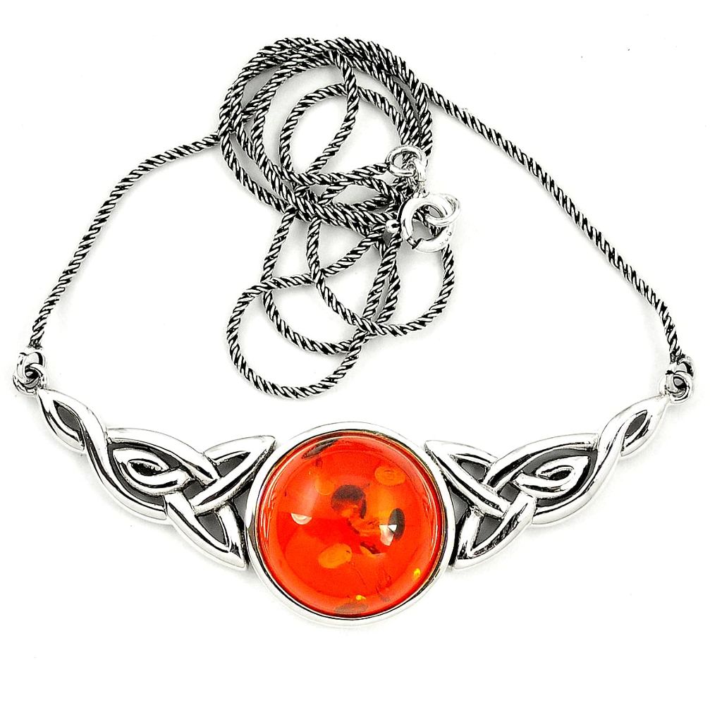 Orange amber round 925 sterling silver necklace jewelry a76541