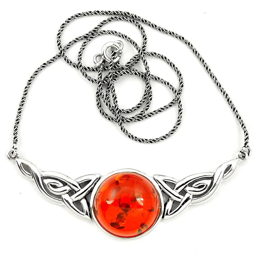 925 sterling silver orange amber round shape necklace jewelry a76543
