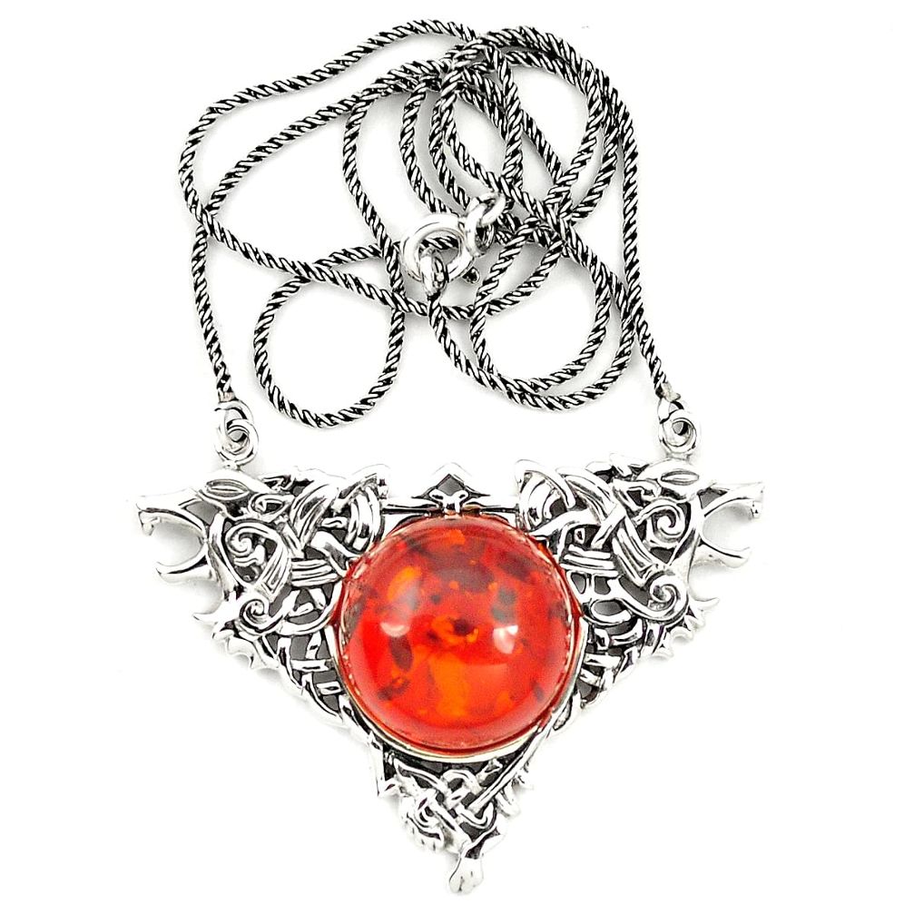 Orange amber round 925 sterling silver necklace jewelry a76545
