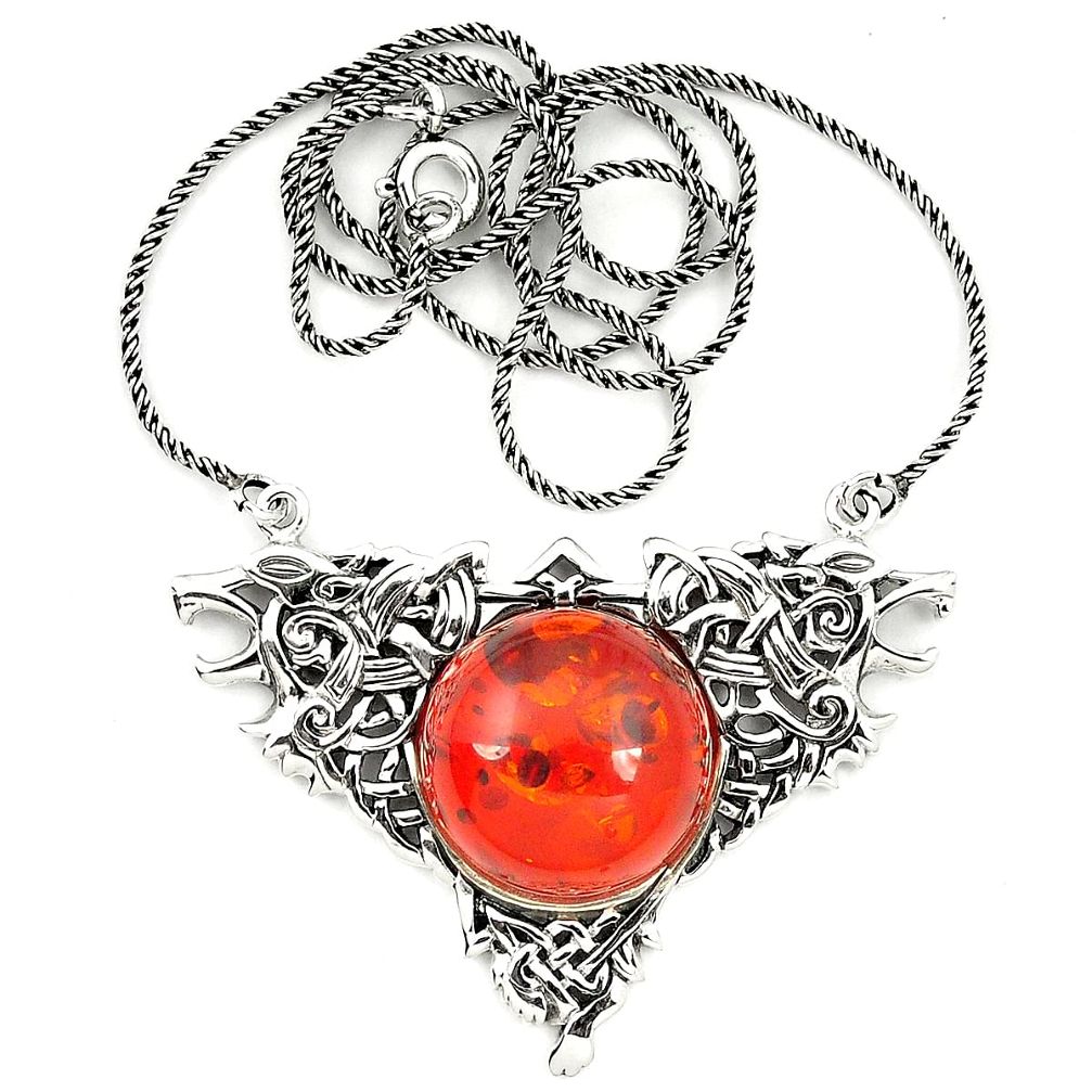 Orange amber round 925 sterling silver necklace jewelry a76549