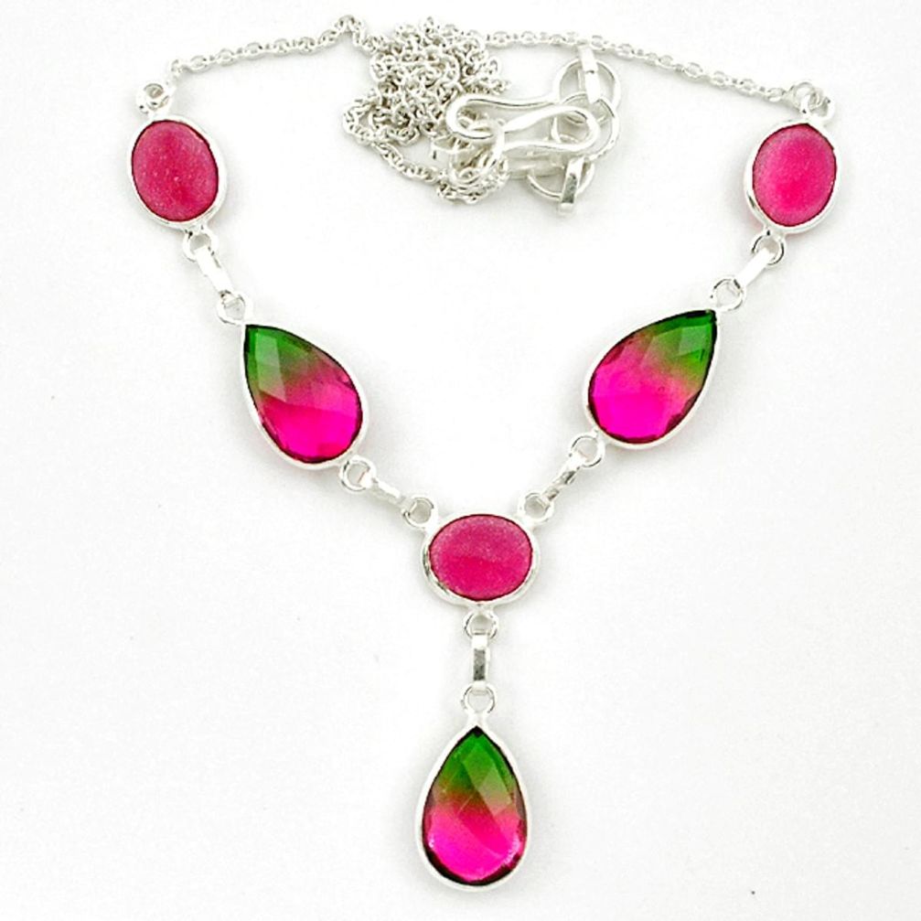 Watermelon tourmaline (lab) ruby quartz 925 silver necklace jewelry d10371
