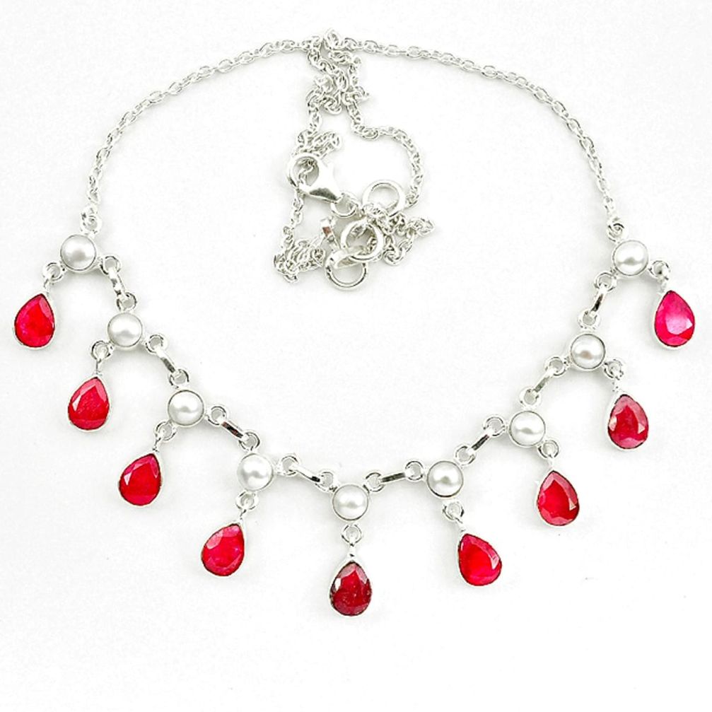 Red ruby quartz pearl 925 sterling silver necklace jewelry d10374