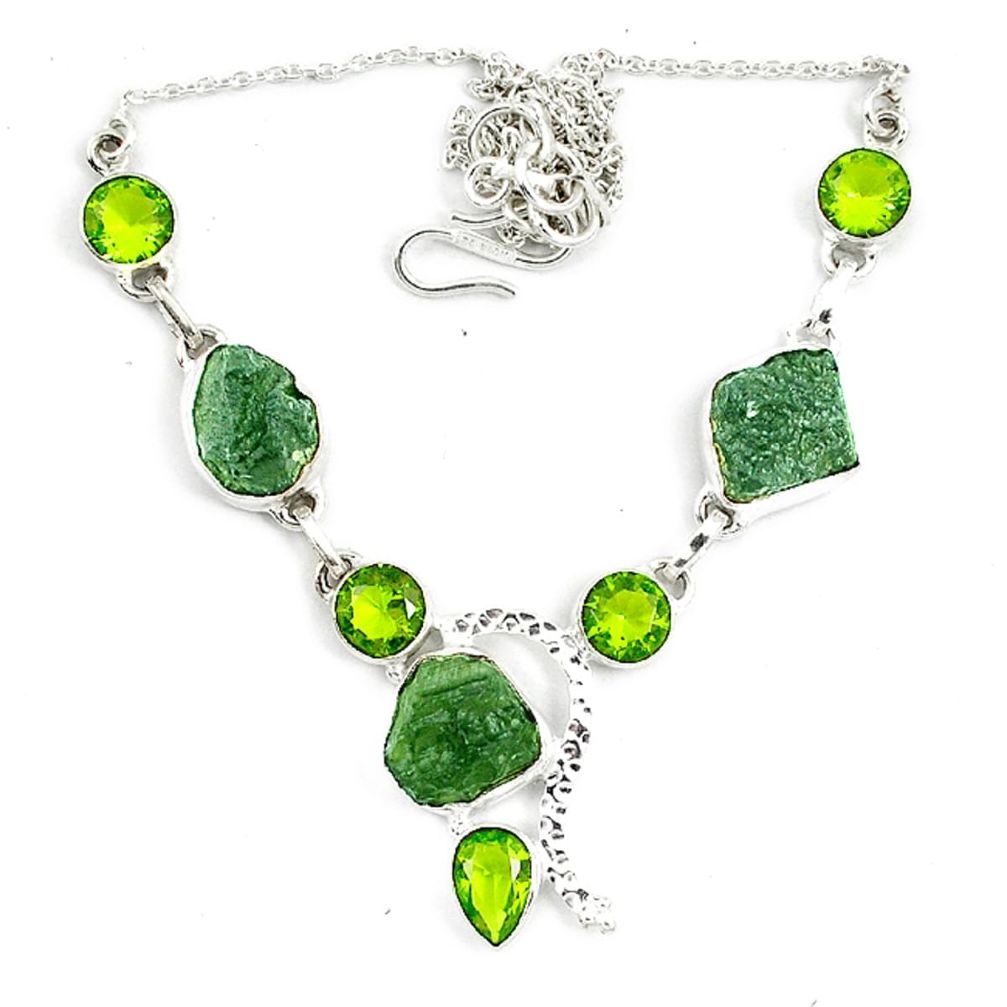 925 silver natural green moldavite (genuine czech) peridot necklace d10400