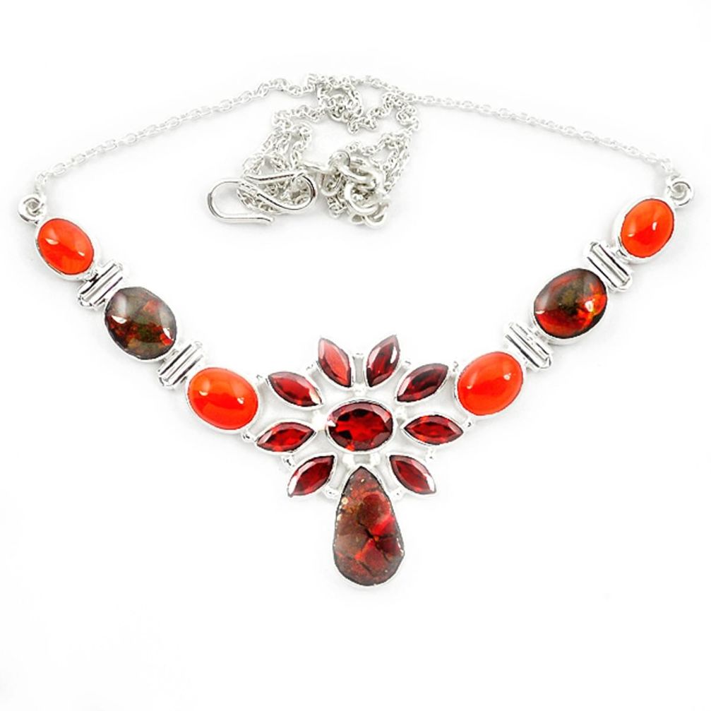 Natural ammolite (canadian) cornelian (carnelian) 925 silver necklace d13292