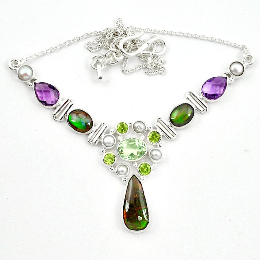 Natural multi color ammolite (canadian) 925 sterling silver necklace d13295