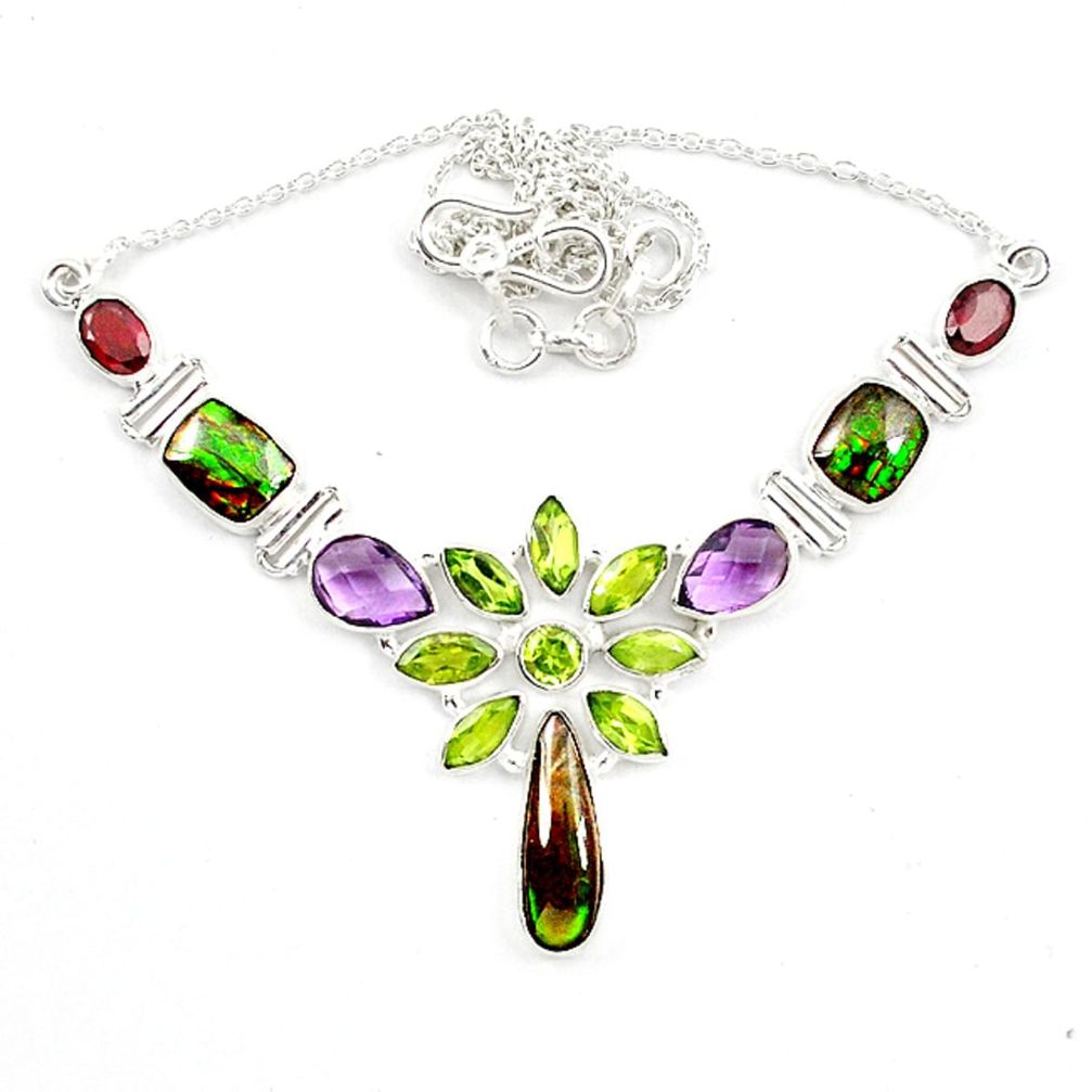 925 silver natural green ammolite (canadian) purple amethyst necklace d13299