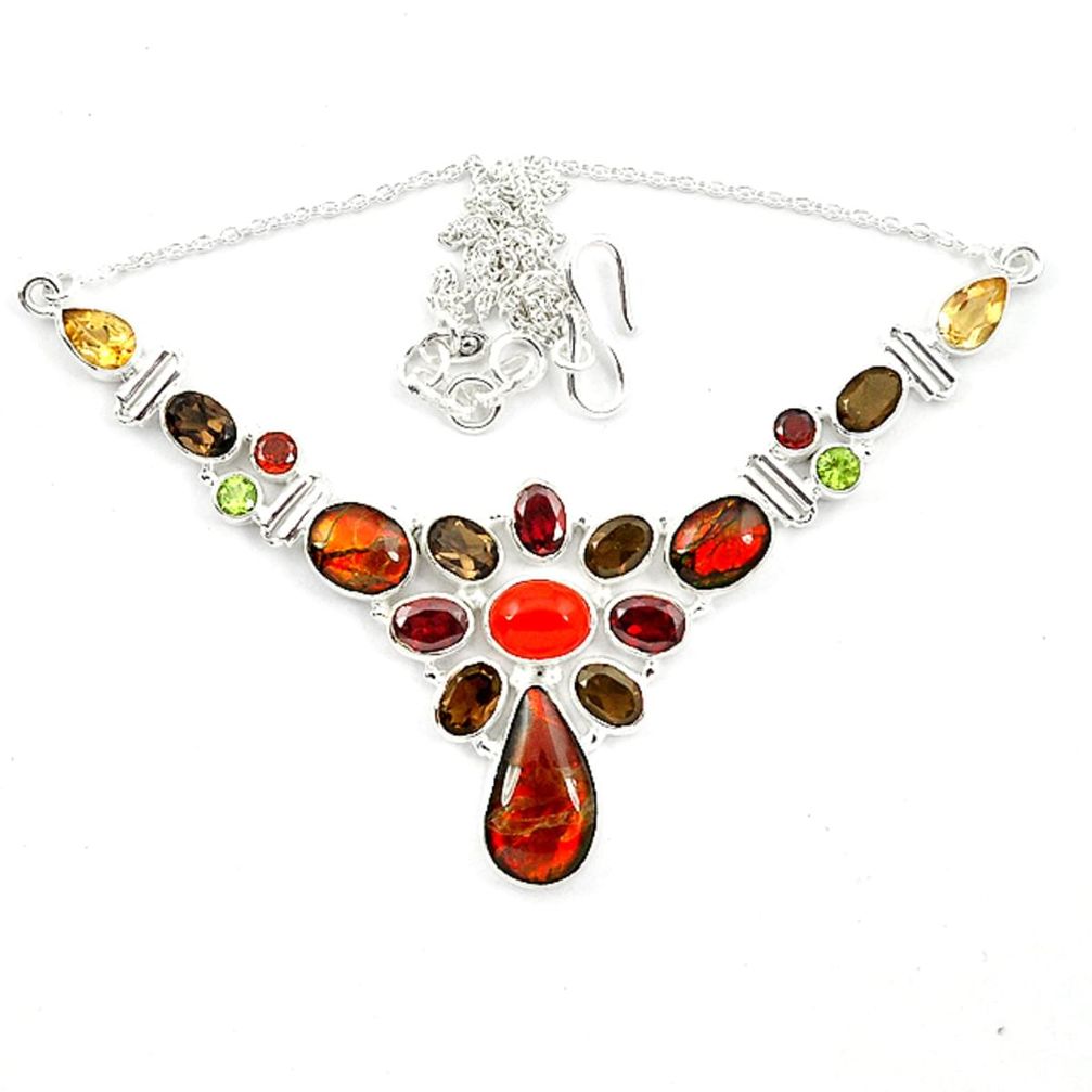 Natural ammolite (canadian) cornelian (carnelian) 925 silver necklace d13300