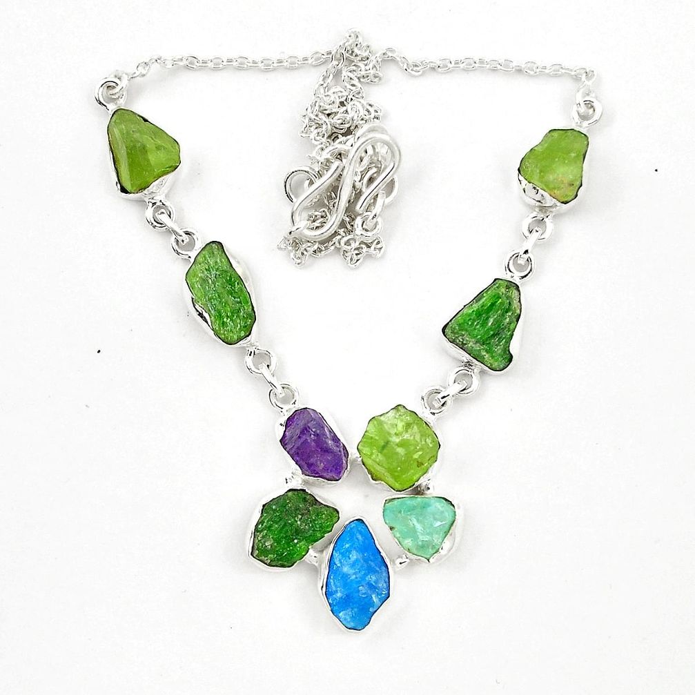 Green chrome diopside rough aquamarine rough 925 silver necklace d23940