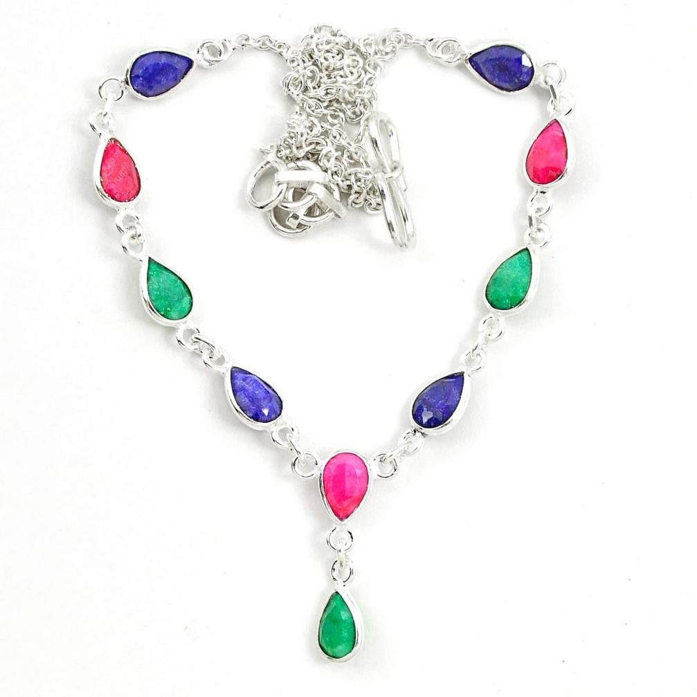 Natural blue sapphire emerald ruby 925 sterling silver necklace d25878