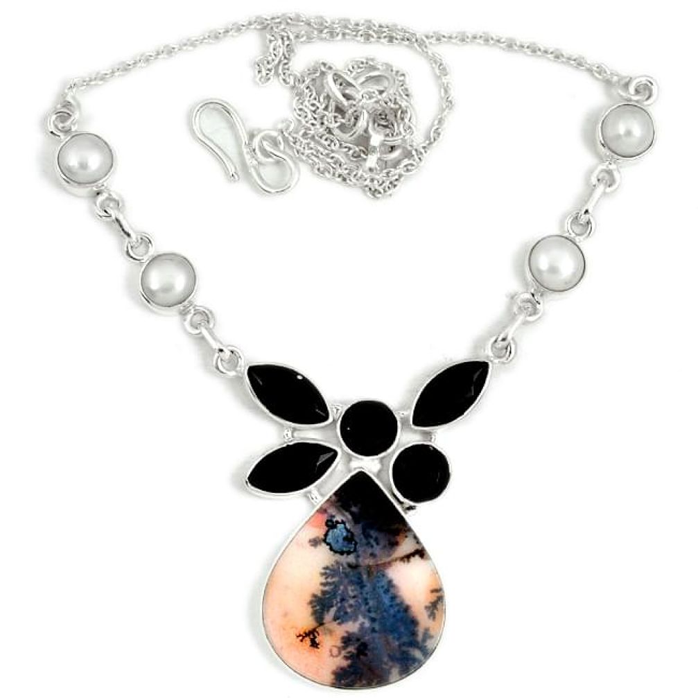 Natural scenic russian dendritic agate white pearl 925 silver necklace j36982