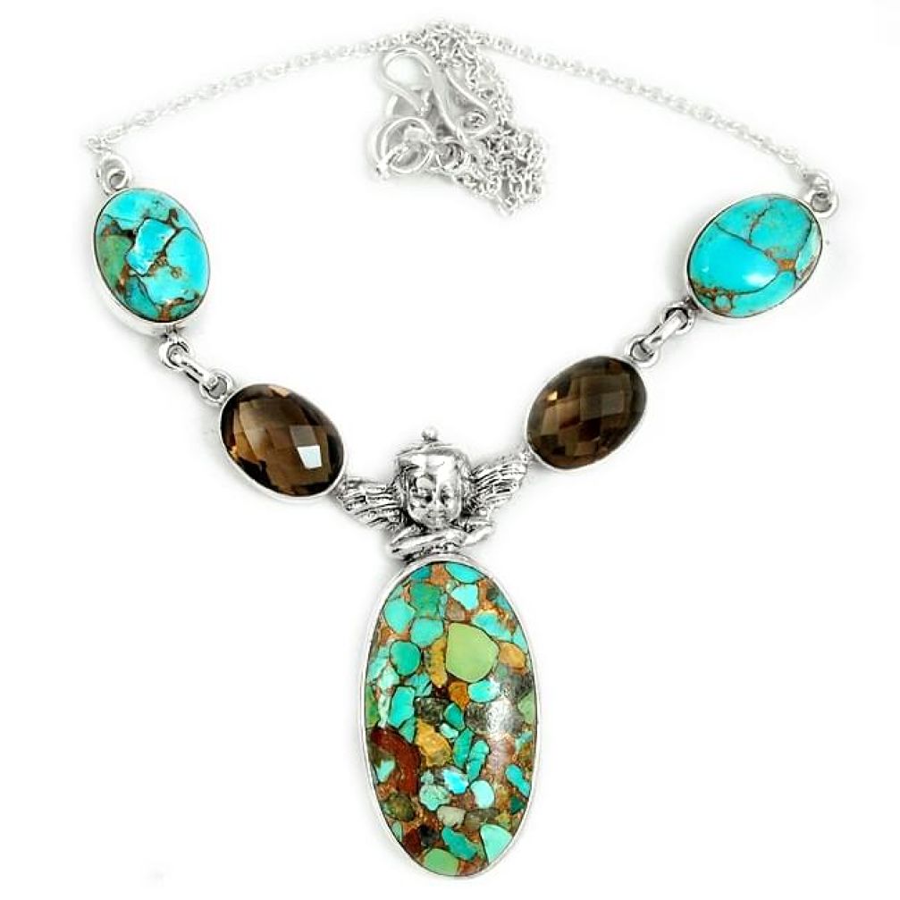 Blue copper turquoise brown smoky topaz 925 sterling silver necklace j36983