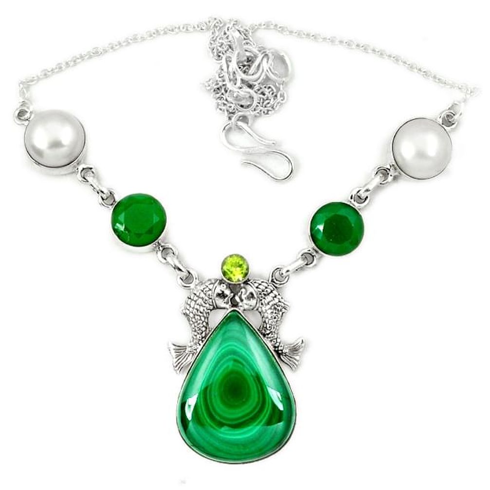 Natural green malachite (pilot's stone) 925 silver necklace jewelry j36990
