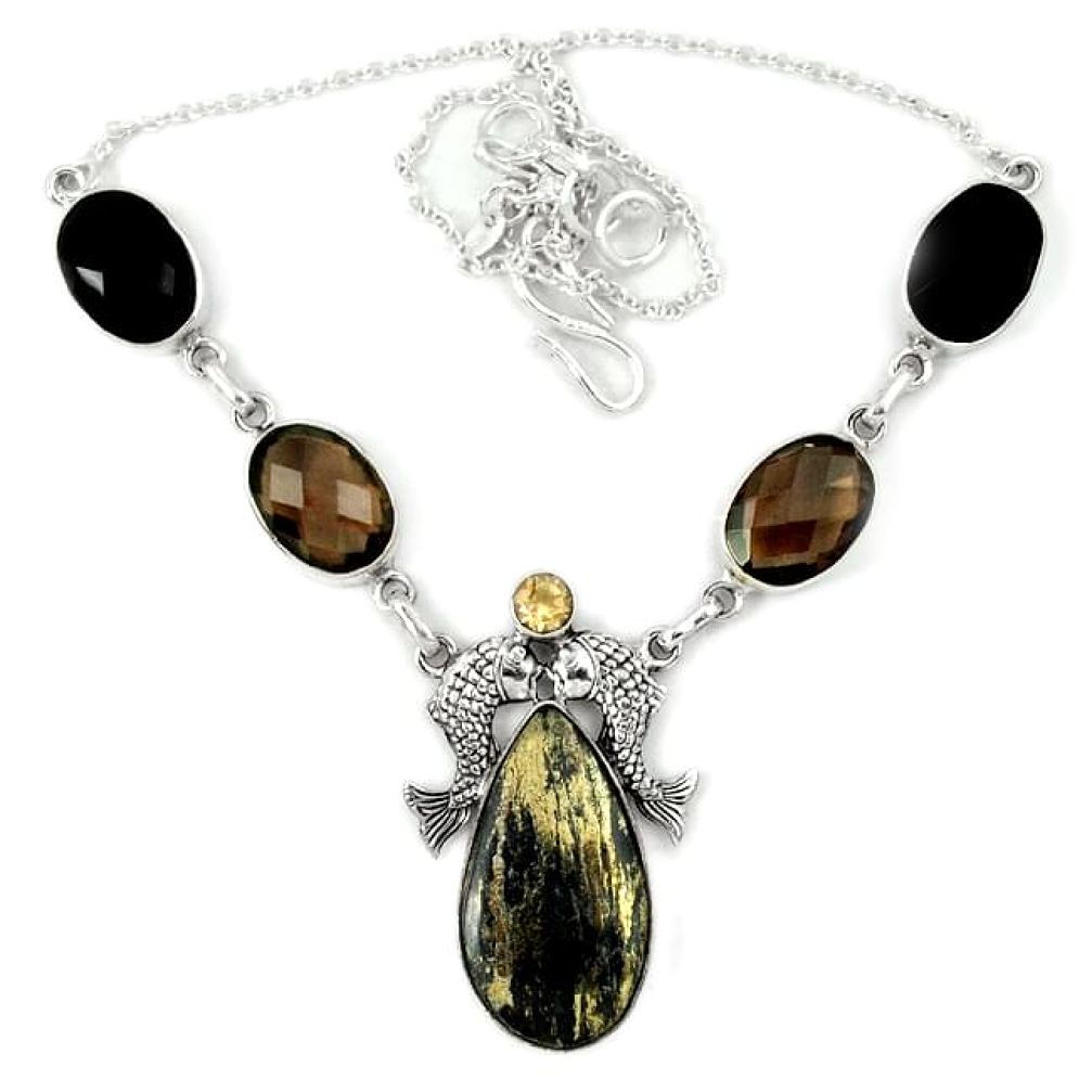 Golden pyrite in magnetite (healer's gold) 925 silver fish necklace j36992