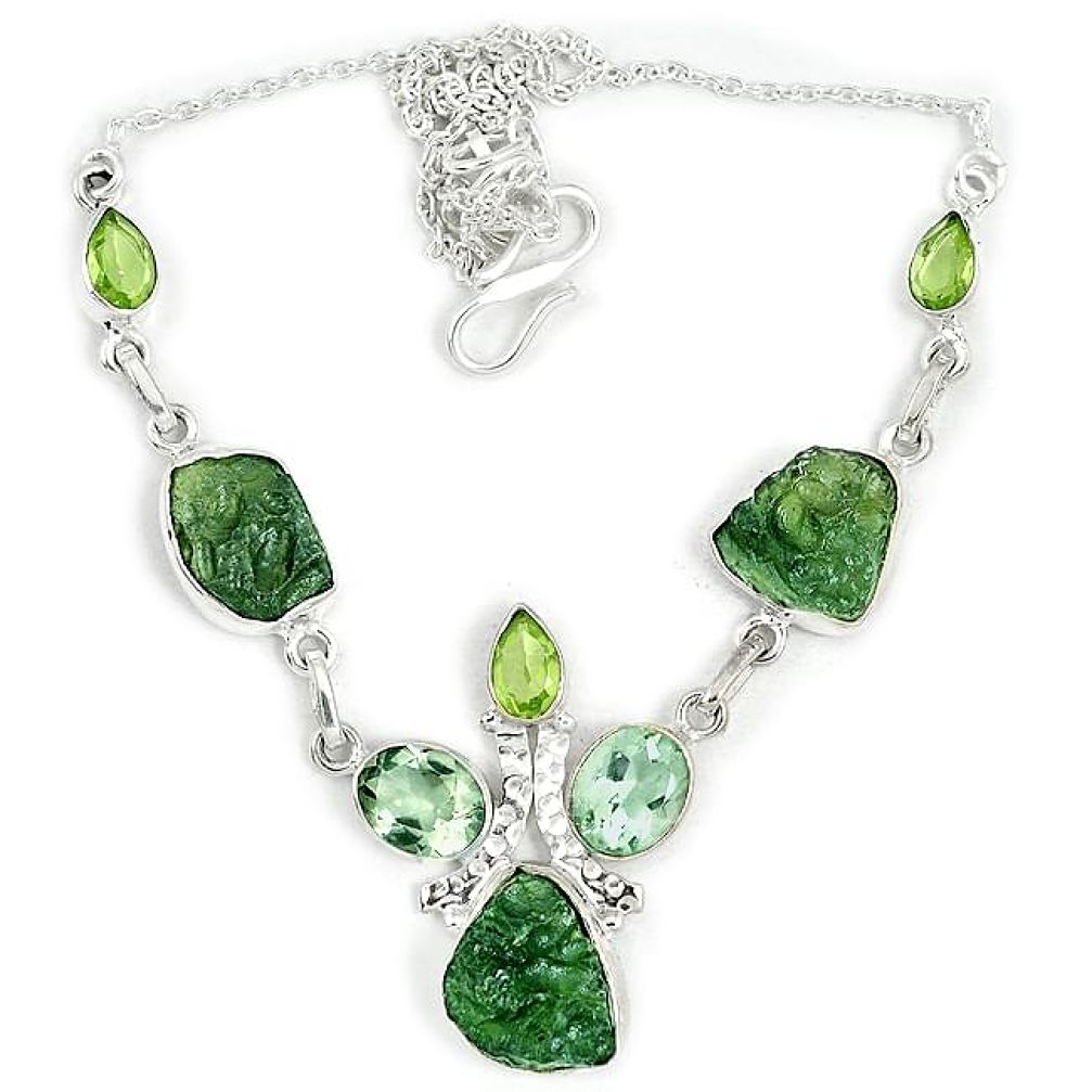 Natural green moldavite (genuine czech) 925 silver necklace jewelry j37052