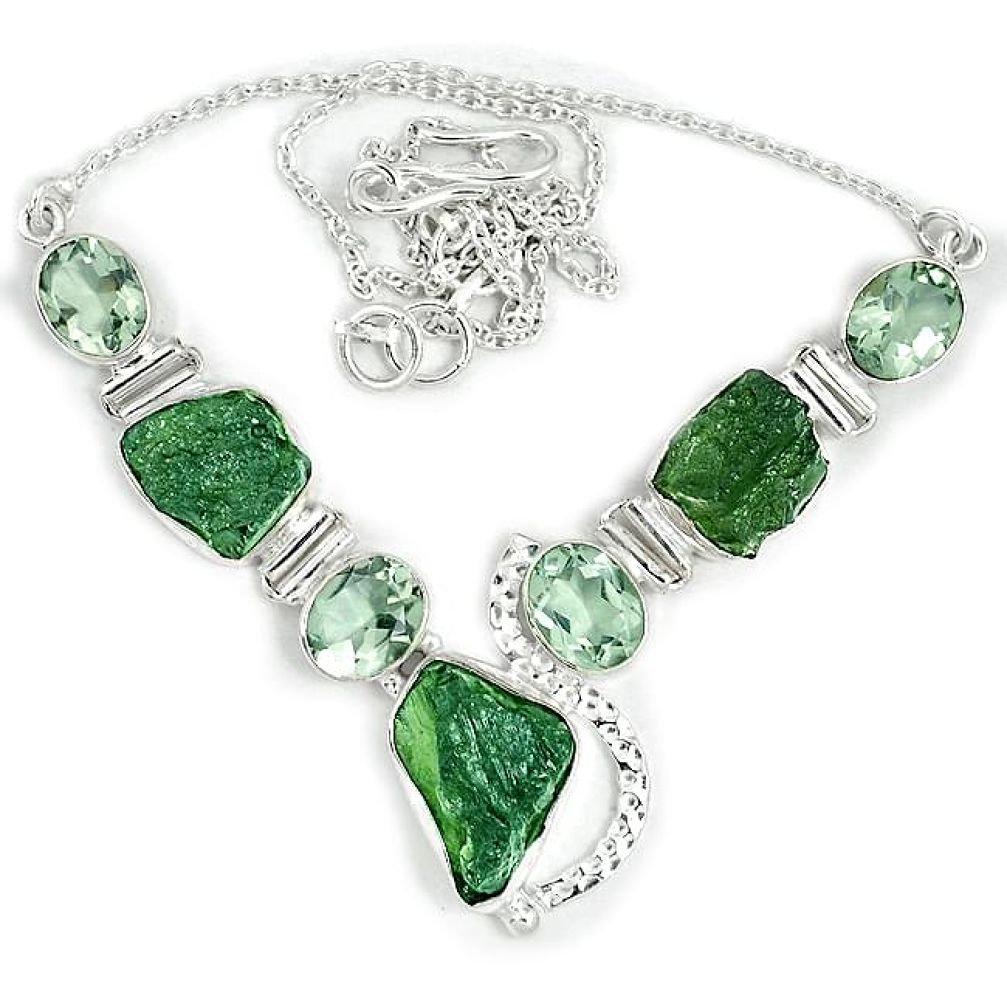 925 sterling silver natural green moldavite (genuine czech) necklace j37055