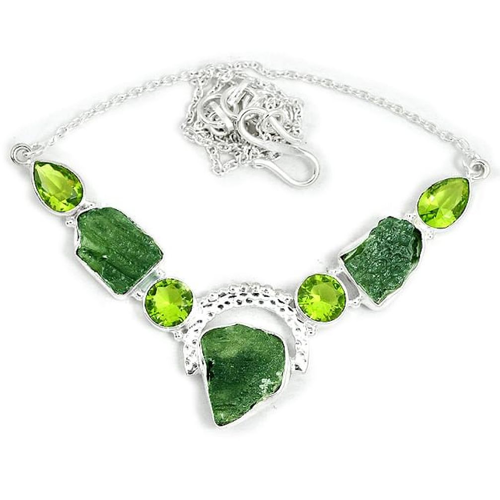 Natural green moldavite (genuine czech) fancy 925 silver necklace jewelry j37056