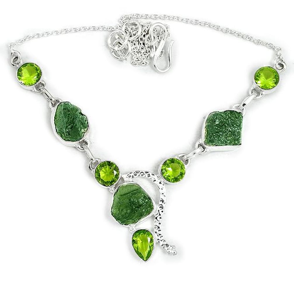 Natural green moldavite (genuine czech) 925 sterling silver necklace j37057