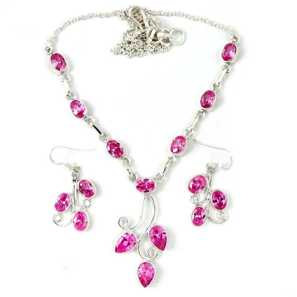 Pink kunzite (lab) 925 sterling silver earrings necklace set j39184