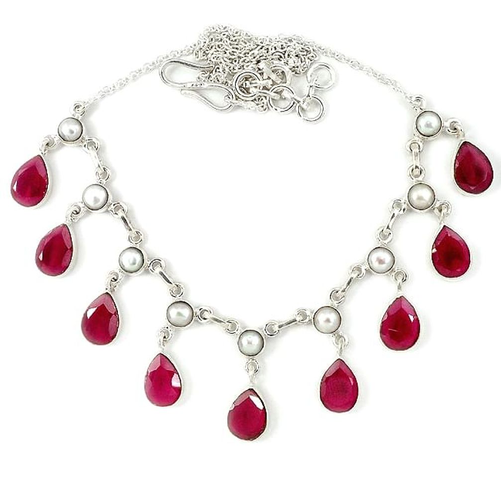 925 sterling silver red faux ruby white pearl round necklace jewelry j39210