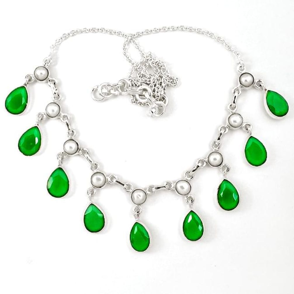 Green emerald quartz white pearl 925 sterling silver necklace jewelry j39212