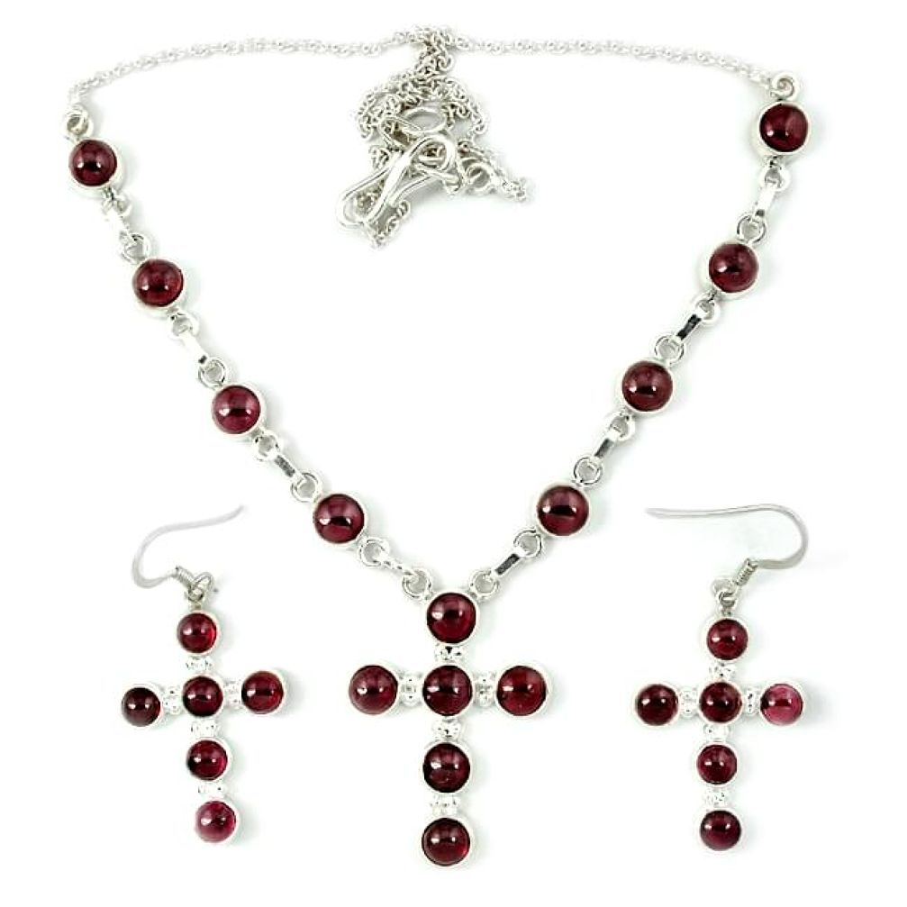 Natural red garnet round 925 sterling silver cross earrings necklace set j39222