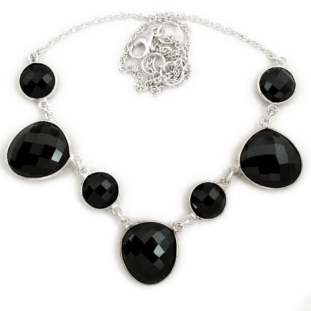 Natural black onyx round 925 sterling silver necklace jewelry j39243