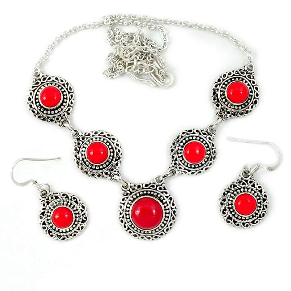 925 sterling silver red coral round earrings necklace set jewelry j39251